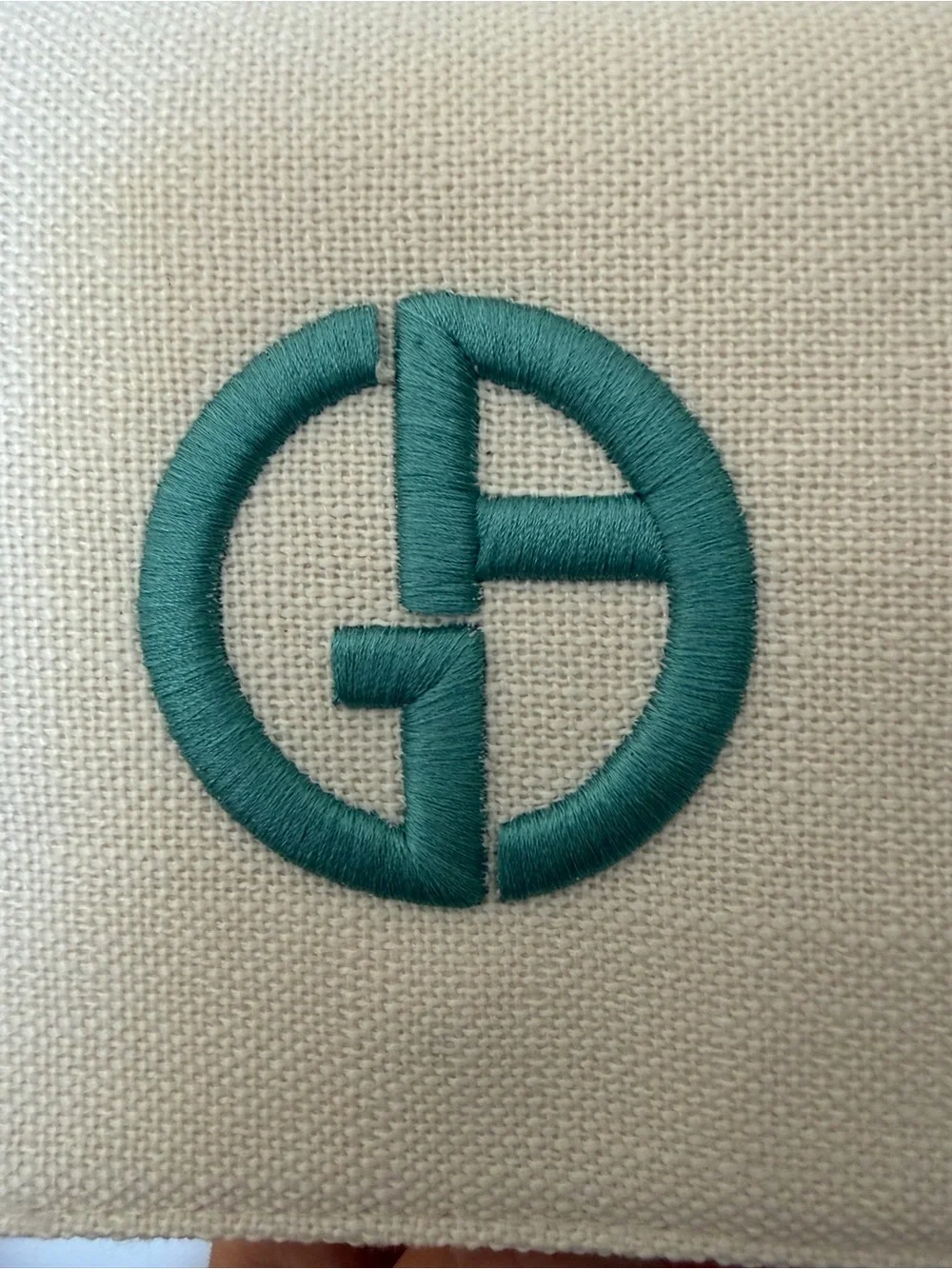 Giorgio Armani Beige Shoulder Bag with Teal Logo and Gold Chain